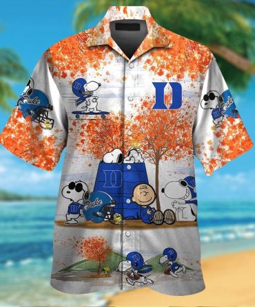 Duke Blue Devils Snoopy Autumn Short Sleeve Button Up Tropical Hawaiian Shirt