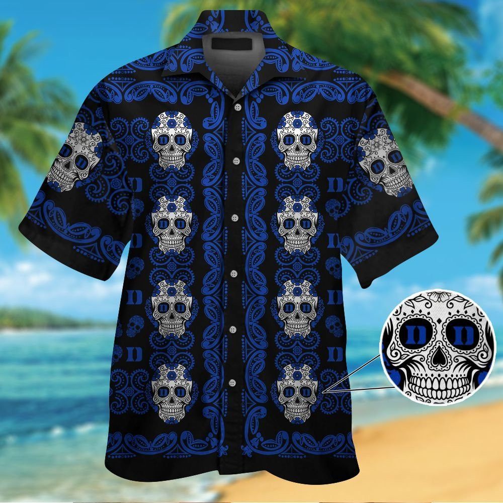 Duke Blue Devilsskull Short Sleeve Button Up Tropical Hawaiian Shirt