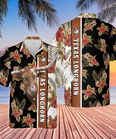 Hibiscus Flowers Texas Longhorn Cattle Brown Trendy Hawaiian Shirt, Cow Trendy Hawaiian Shirt, Summer Gifts For Men And Women
