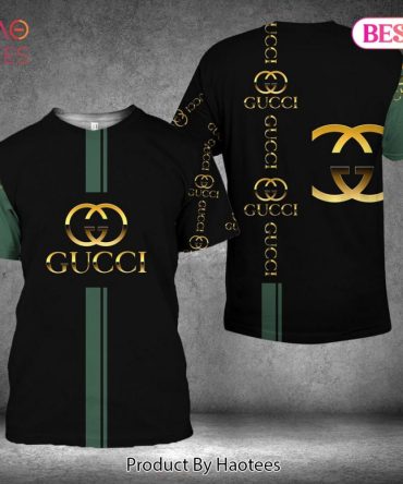 Gucci Brand Gold Logo Black Green 3D T-Shirt
