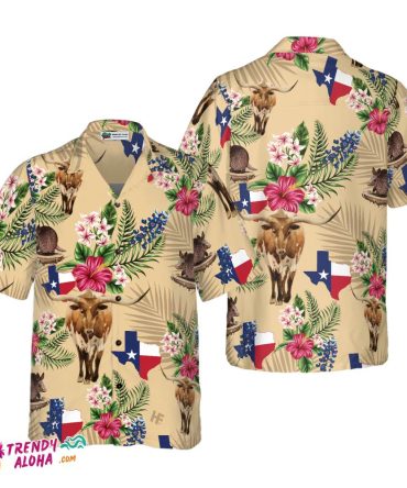 Insignia Bluebonnet Texas Hawaiian Shirt Cream Version, Don’T Mess With Texas Armadillo And Longhorn, Texas Home Shirt For Men