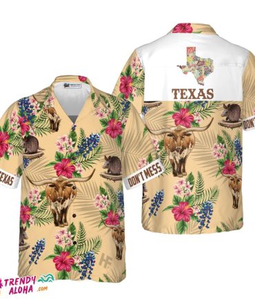 Insignia Bluebonnet Texas Hawaiian Shirt White Back Cream Version, Don’T Mess With Texas Armadillo And Longhorn, Texas Home Shirt For Men
