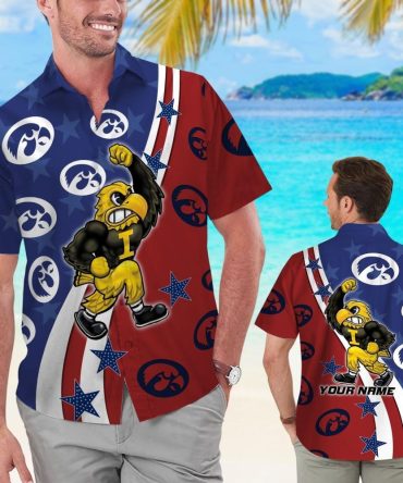 Iowa Hawkeyes American Flag Name Personalized Short Sleeve Button Up Tropical Hawaiian Shirt