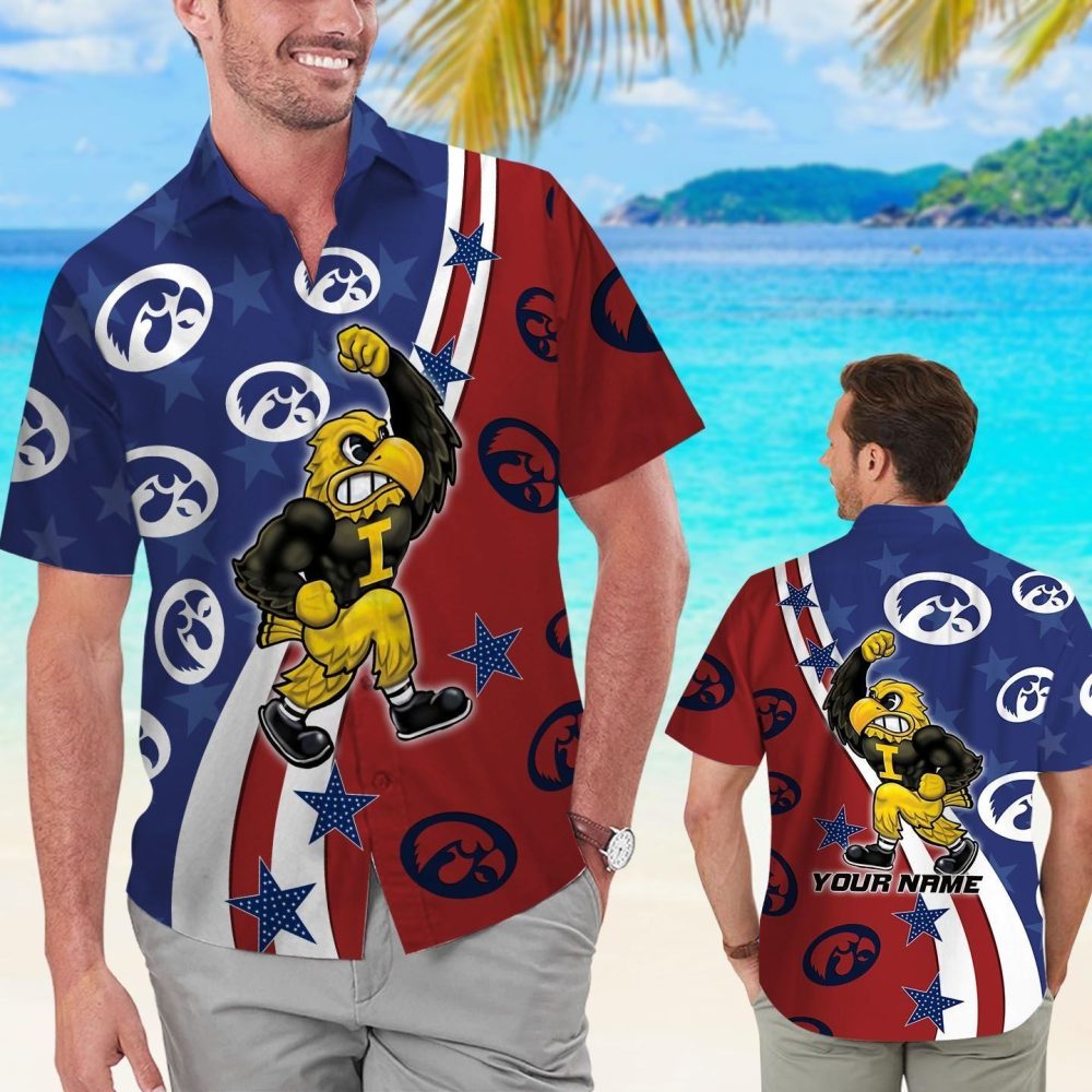 Iowa Hawkeyes American Flag Name Personalized Short Sleeve Button Up Tropical Hawaiian Shirt