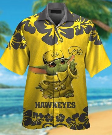 Iowa Hawkeyes Baby Yoda Short Sleeve Button Up Tropical Hawaiian Shirt