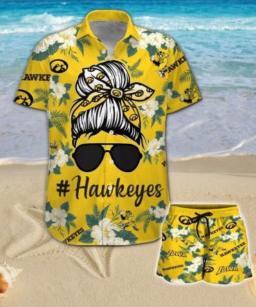 Iowa Hawkeyes Girl Messy Bun Short Sleeve Button Up Tropical Hawaiian Shirt