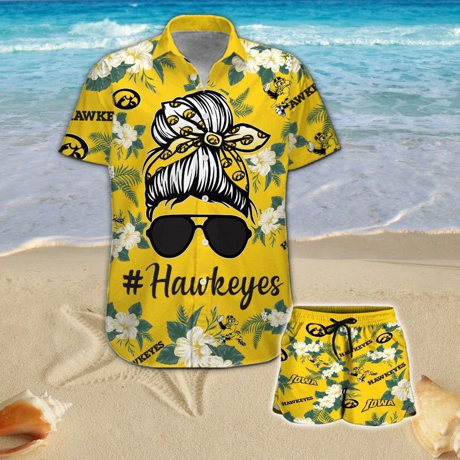 Iowa Hawkeyes Girl Messy Bun Short Sleeve Button Up Tropical Hawaiian Shirt
