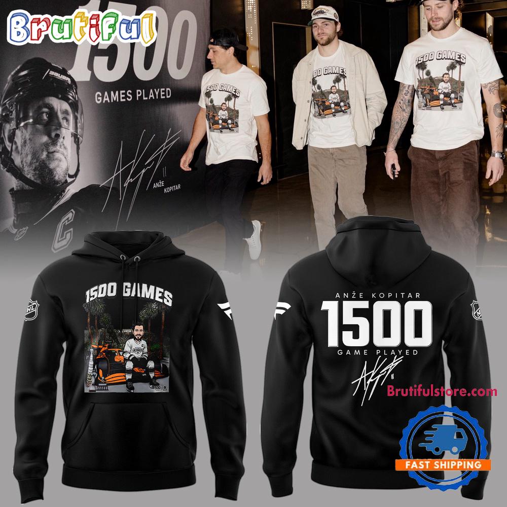 Los Angeles Kings Anze Kopitar 1500 Game Play Black Hoodie