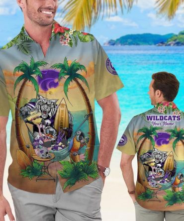 Name Personalized Kansas State Wildcats Flamingo Parrot Tropical Hawaiian Shirt