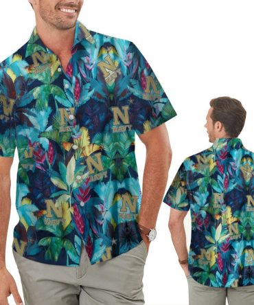 Navy Midshipmen Floral Tropical Men Women Short Sleeve Button Up Tropical Hawaiian Shirts