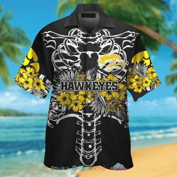 Ncaa Iowa Hawkeyes Gold Flowers Black Hawaiian Shirt