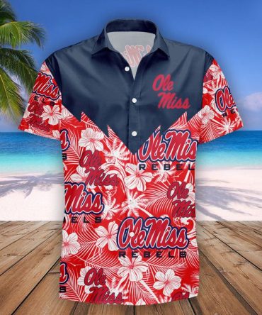 Ncaa Ole Miss Rebels Red Tropical Flowers Blue Trendy Hawaiian Shirt Aloha Shirt