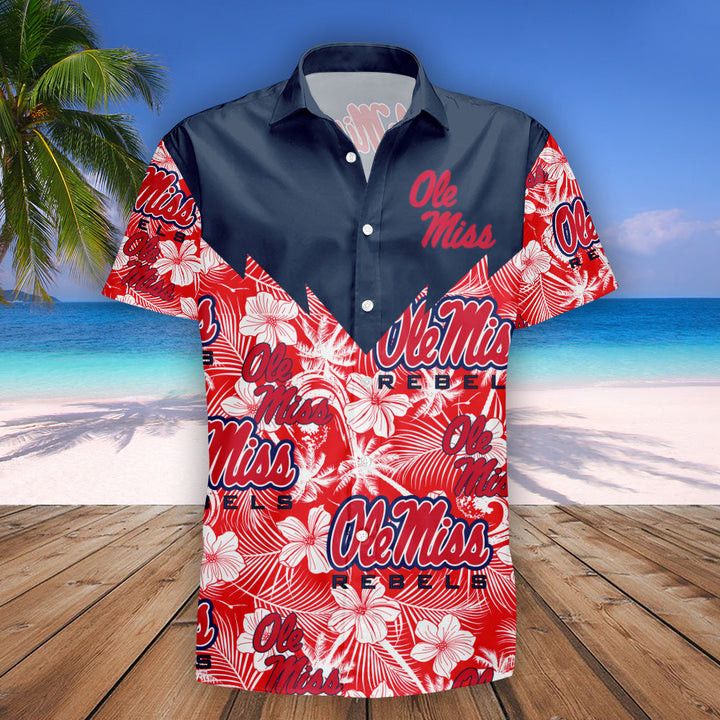 Ncaa Ole Miss Rebels Red Tropical Flowers Blue Trendy Hawaiian Shirt Aloha Shirt