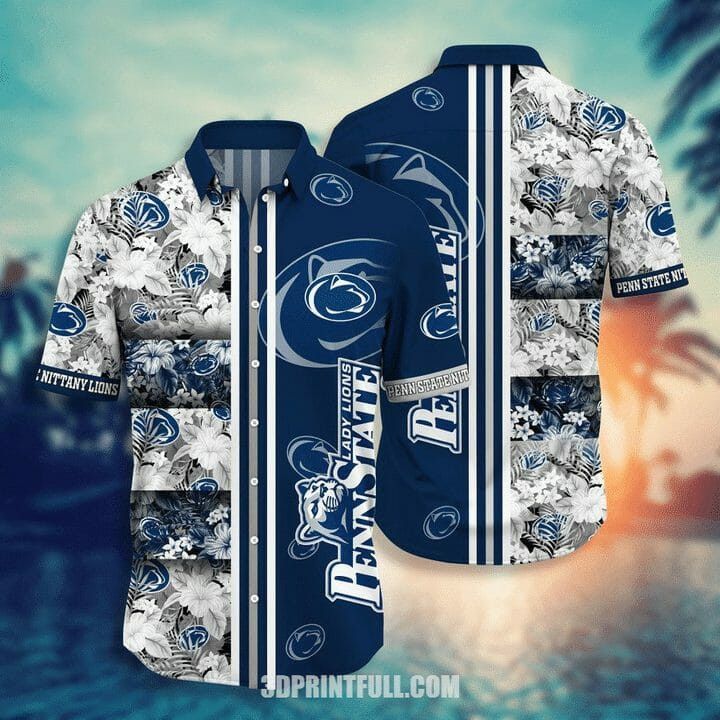 Ncaa Penn State Nittany Lions White Flowers Blue Trendy Hawaiian Shirt V3 Aloha Shirt