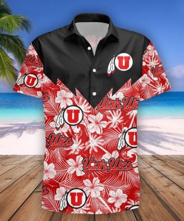 Ncaa Utah Utes Flower Tropical Red Black Hawaiian Shirt