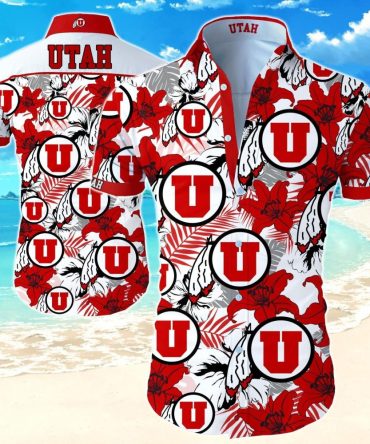 Ncaa Utah Utes Red White Tropical Flowers Hawaiian Shirt
