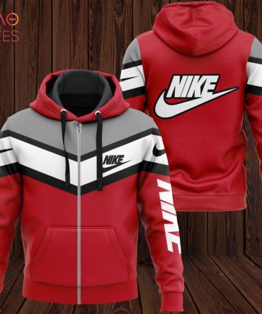 Nike Grey White Red Luxury Hoodie Limited Edition