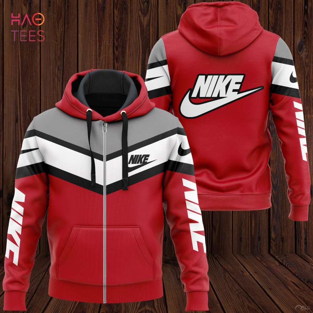 Nike Grey White Red Luxury Hoodie Limited Edition
