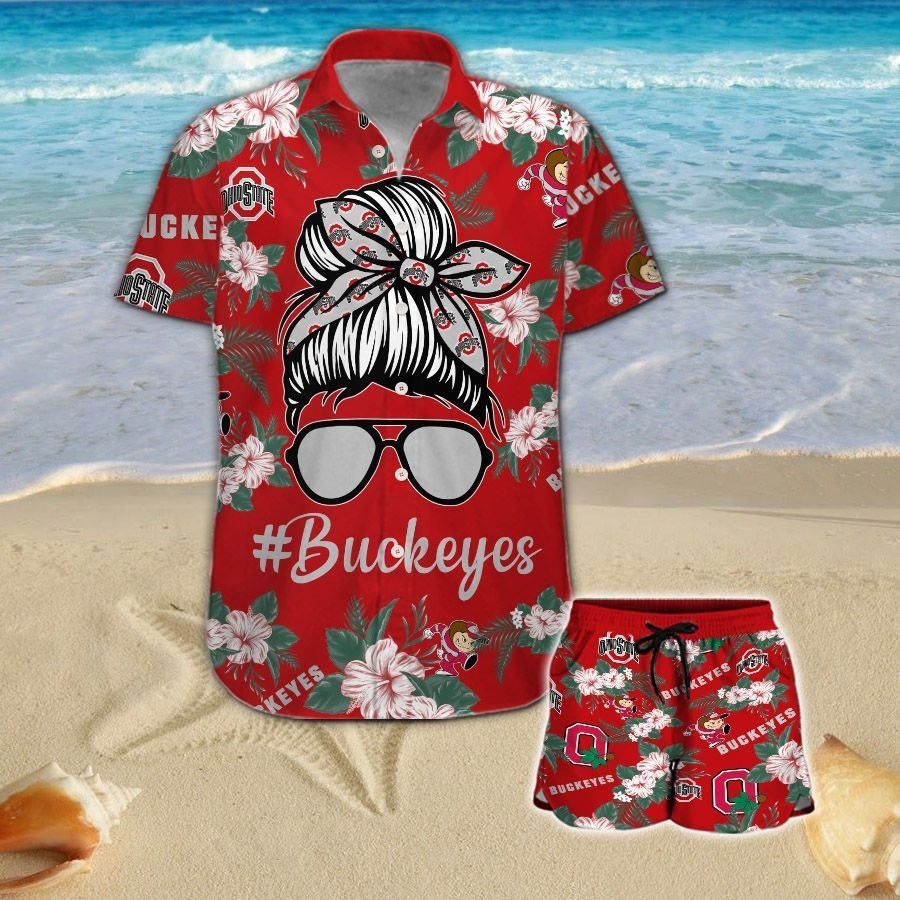 Ohio State Buckeyes Girl Messy Bun Short Sleeve Button Up Tropical Hawaiian Shirt
