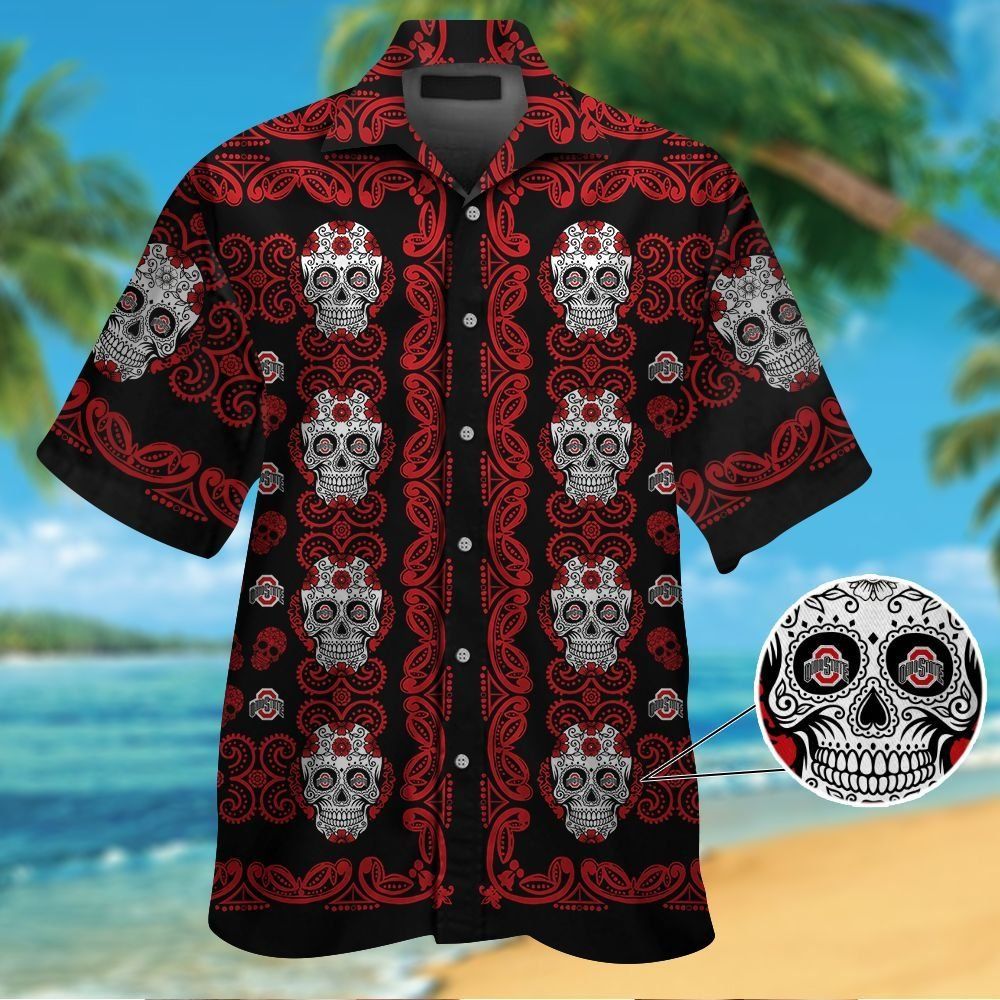 Ohio State Buckeyesskull Short Sleeve Button Up Tropical Hawaiian Shirt