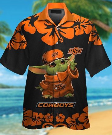 Oklahoma State Cowboys Baby Yoda Short Sleeve Button Up Tropical Hawaiian Shirt