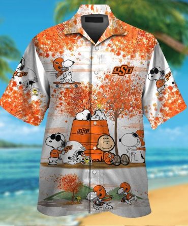 Oklahoma State Cowboys Snoopy Autumn Short Sleeve Button Up Tropical Hawaiian Shirt