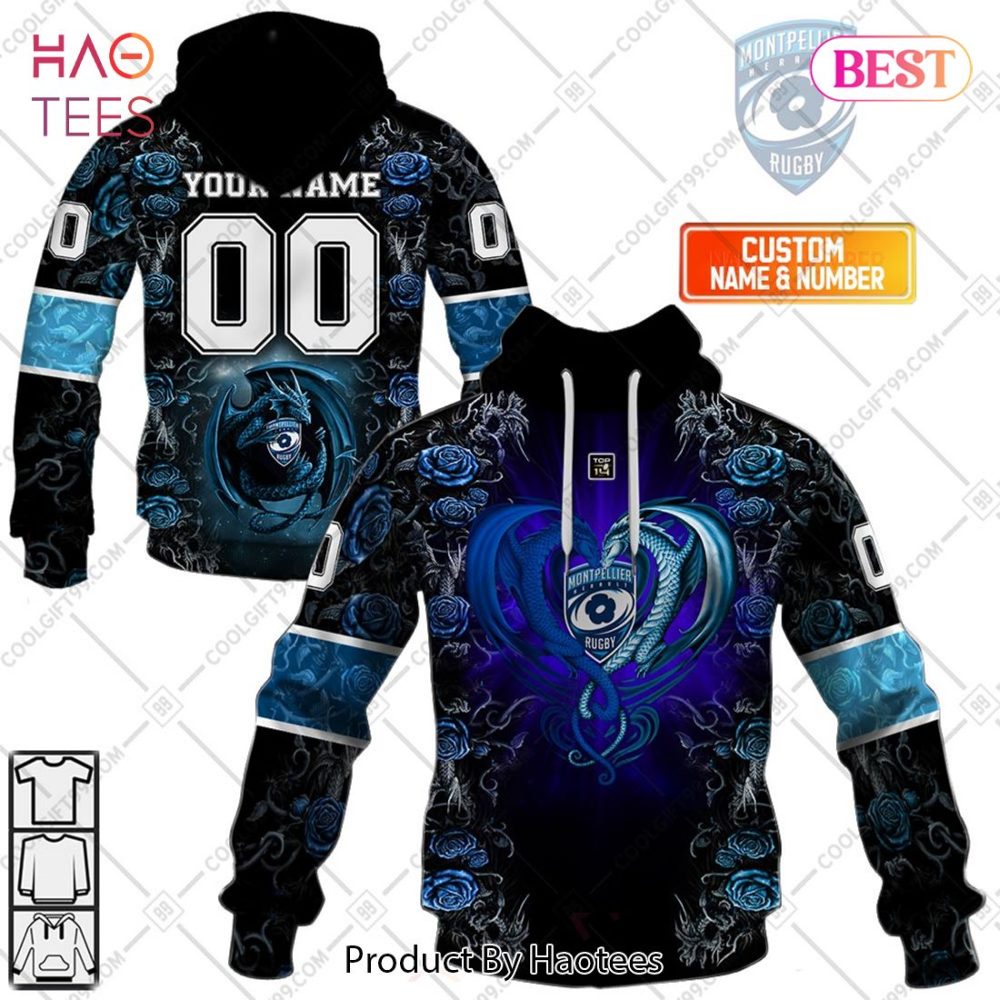 Personalized Montpellier Herault Rugby Rose Dragons Design Hoodie, T-Shirt, Zip Hoodie, Sweatshirt
