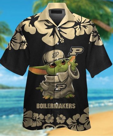 Purdue Boilermakers Baby Yoda Short Sleeve Button Up Tropical Hawaiian Shirt