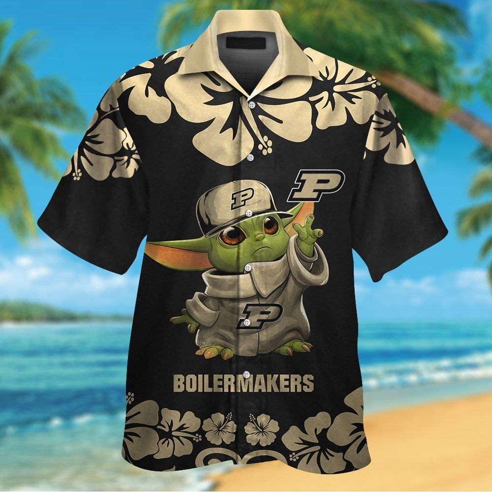 Purdue Boilermakers Baby Yoda Short Sleeve Button Up Tropical Hawaiian Shirt