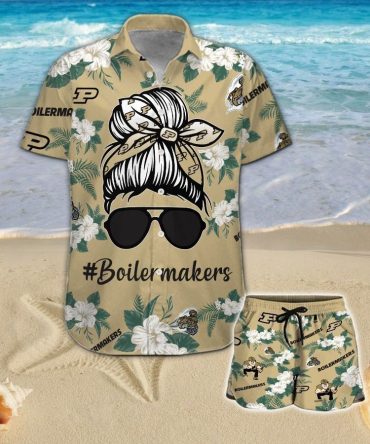 Purdue Boilermakers Girl Messy Bun Short Sleeve Button Up Tropical Hawaiian Shirt