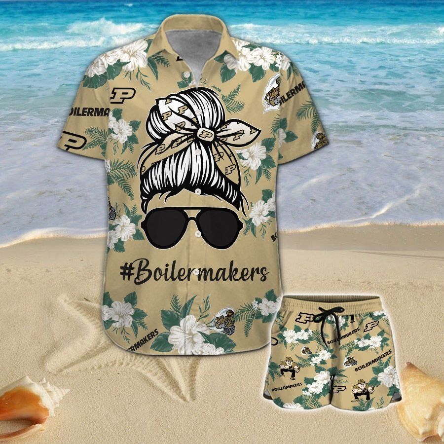 Purdue Boilermakers Girl Messy Bun Short Sleeve Button Up Tropical Hawaiian Shirt