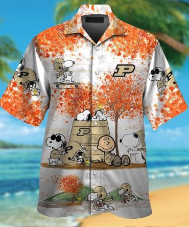 Purdue Boilermakers Snoopy Autumn Short Sleeve Button Up Tropical Hawaiian Shirt