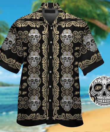 Purdue Boilermakersskull Short Sleeve Button Up Tropical Hawaiian Shirt