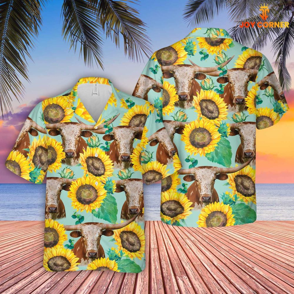 Texas Longhorn Amidst Sunflowers Farm Hawaiian Shirt Unique Print