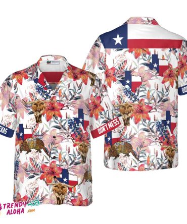 Texas Longhorn Bluebonnet And Armadillo Hawaiian Shirt, Button Down Floral Texas Flag Shirt, Proud Texas Shirt For Men