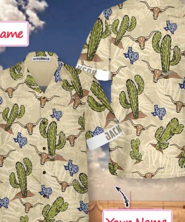 Texas Longhorn Cactus Custom Trendy Hawaiian Shirt, Unique Texas Shirt For Texas Lovers, Custom Trendy Hawaiian Shirt With Name, Summer Party Gift.