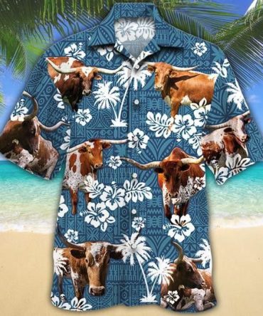 Texas Longhorn Cattle Blue Tribal Trendy Hawaiian Shirt, Cow Trendy Hawaiian Shirt For Summer Gifts