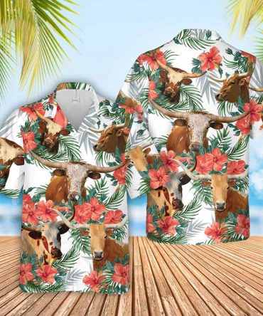 Texas Longhorn Cow Hawaiian Flowers Trendy Hawaiian Shirt, Gift For Farm Clothing, Summer Gift For Men And Women