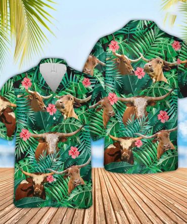 Texas Longhorn Cow Trendy Hawaiian Shirt, Farmer Trendy Hawaiian Shirts, Summer Tropical Shirts, Gift For Him, Funny Trendy Hawaiian Shirts