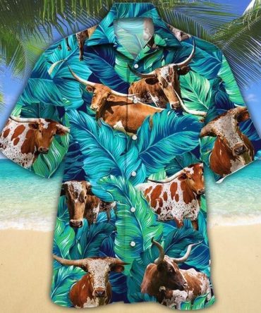 Texas Longhorn Hawaii Shirt Cattle Green, Cow Trendy Hawaiian Shirt For Summer Gifts