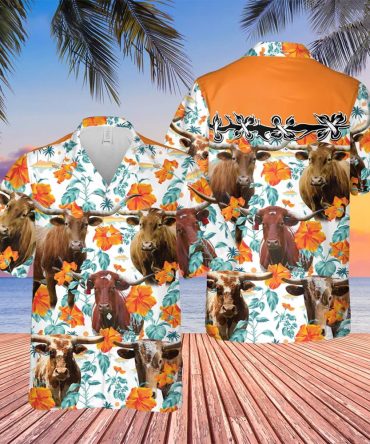 Texas Longhorn Hibiscus Floral 3D Trendy Hawaiian Shirt