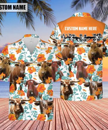 Texas Longhorn Hibiscus Floral Custom Name 3D Trendy Hawaiian Shirt, Summer Gifts For Men And Women