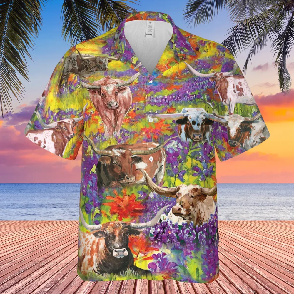 Texas Longhorn In The Bluebonnet Feild Hawaiian Shirt For Aloha Shirt