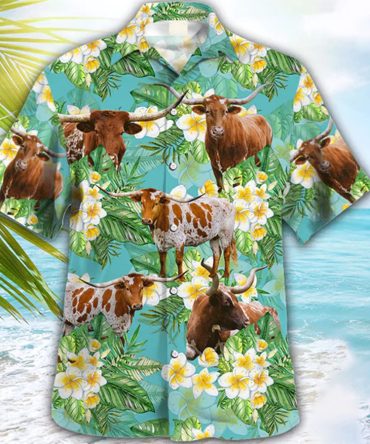 Texas Longhorn Tropical Trendy Hawaiian Shirt, Animal Trendy Hawaiian Shirts, Farmer Shirt For Men And Women