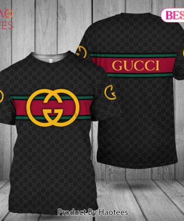 Gucci Gold Logo Full Black Printing 3D T-Shirt Limited Edition