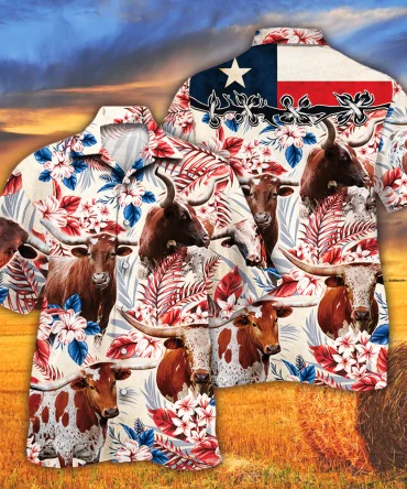 Tx Longhorn Cattle Lovers Texas Flag Trendy Hawaiian Shirt, Cow Trendy Hawaiian Shirt For Summer Gifts