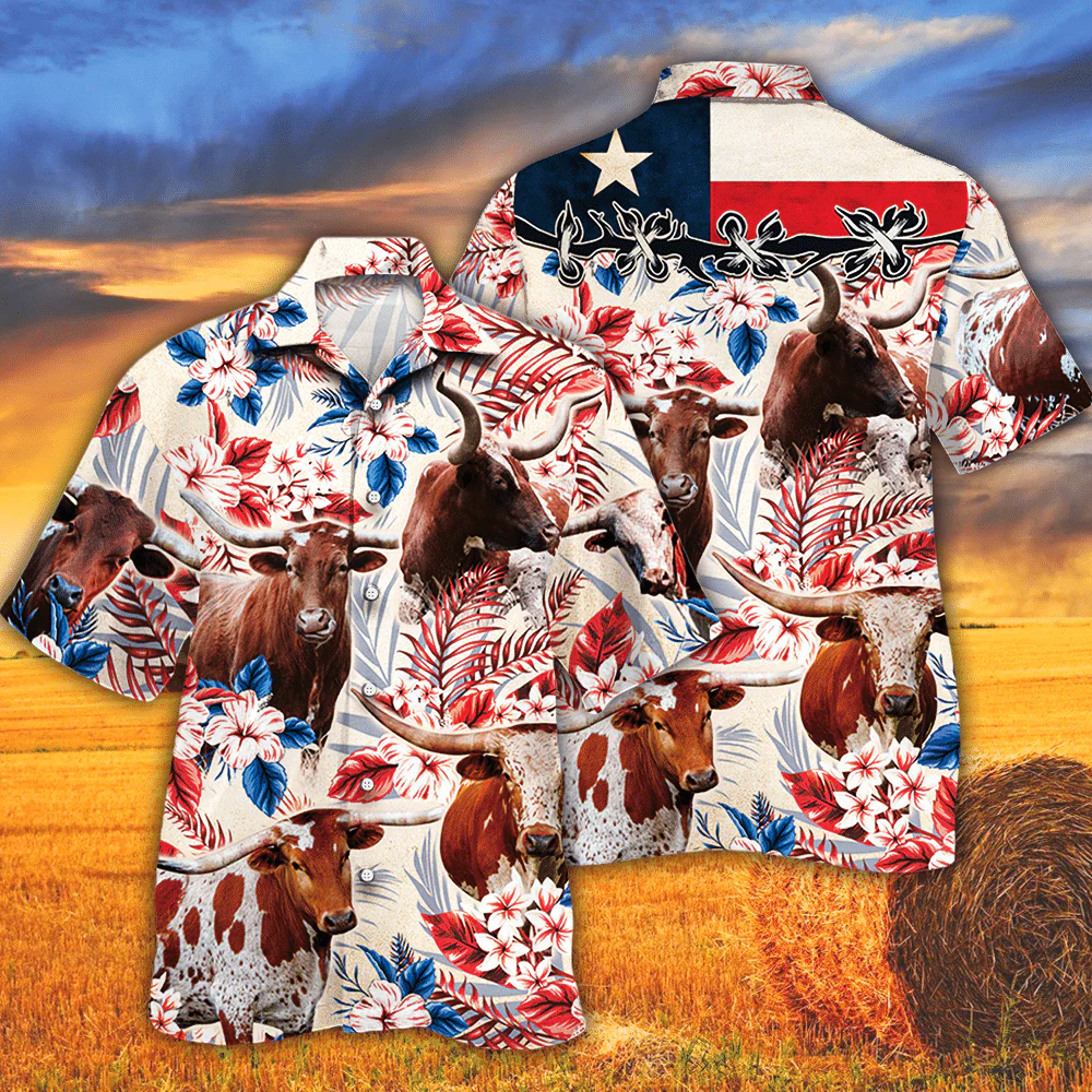 Tx Longhorn Cattle Texas Flag Themed Hawaiian Shirt