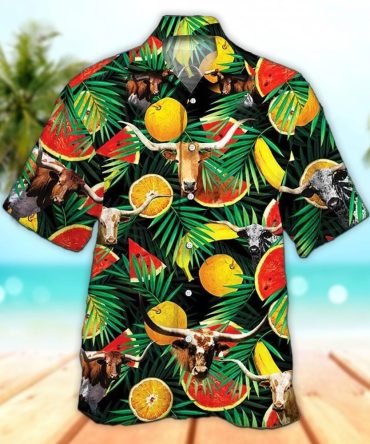 Unisex 3D Texas Longhorn Cattle Tropical Fruits Trendy Hawaiian Shirt For Men, Aloha Trendy Hawaiian Shirt Short Sleeve Hawaiian