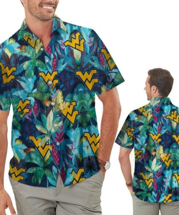 West Virginia Mountaineers Floral Tropical Men Women Short Sleeve Button Up Hawaiian Shirt