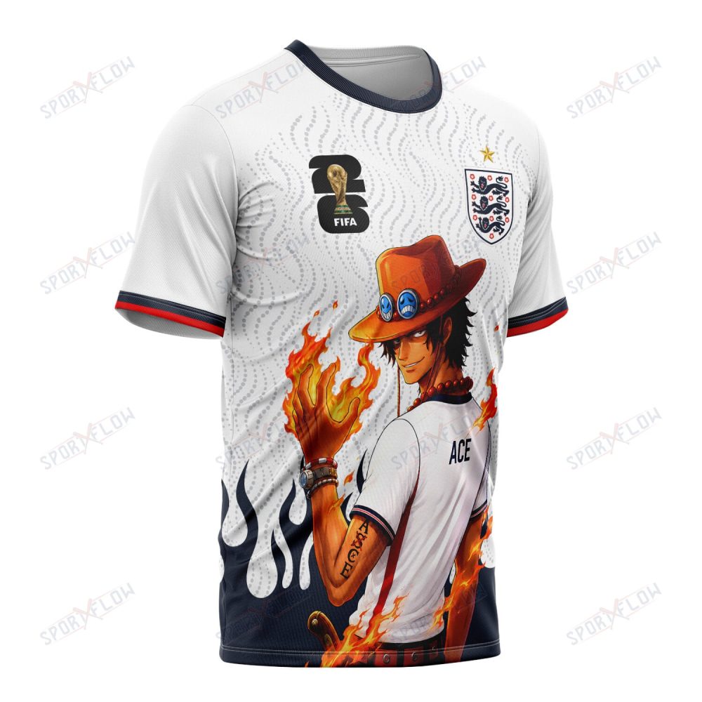 World Cup 2026 England X Op Portgas D. Ace Fire Graphic All Over Print Jersey Shirt Hoodie - Image 2
